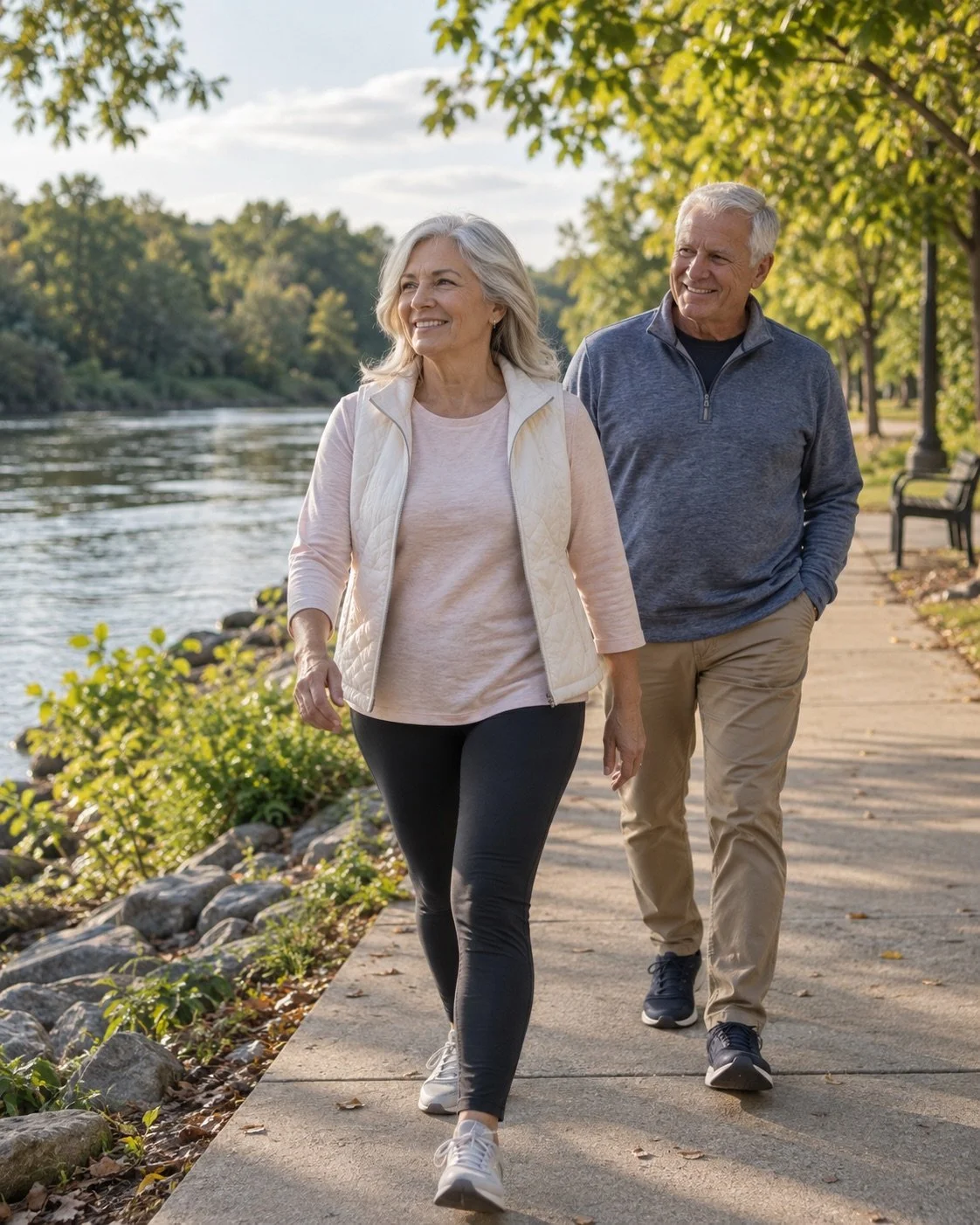 Older couple walking along a Mishawaka riverfront path