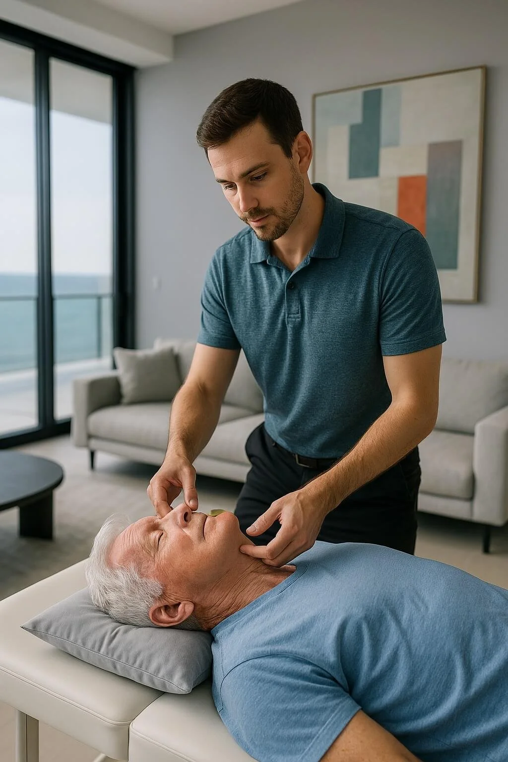 In-home vestibular rehabilitation session for BPPV, dizziness and vertigo conducted by Dr. Matthew Elliott.