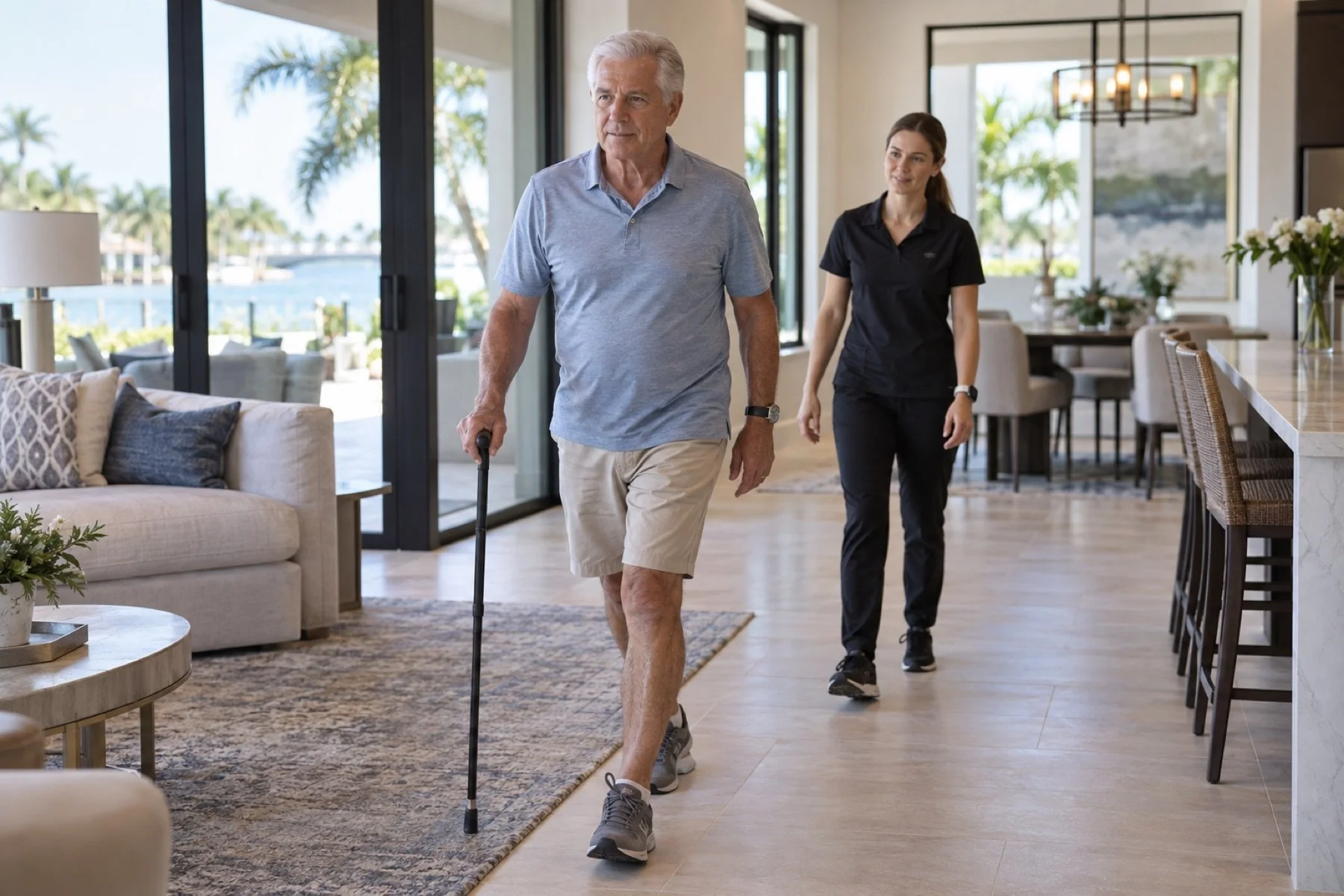 Older adult practicing safe walking with a cane alongside a physical therapist during in-home neurologic physical therapy.