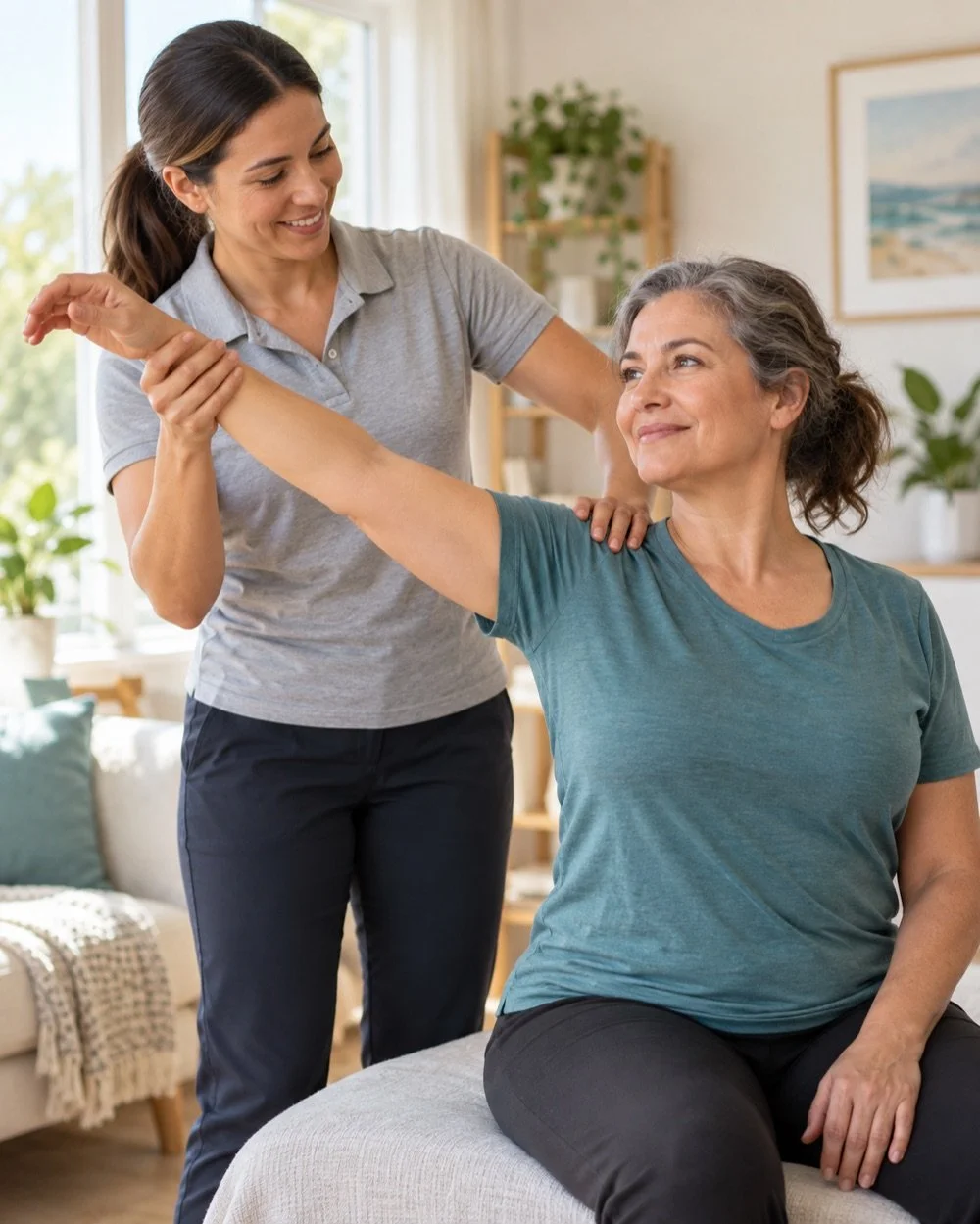 Physical therapist guiding an adult patient through comfortable shoulder mobility exercises at home.