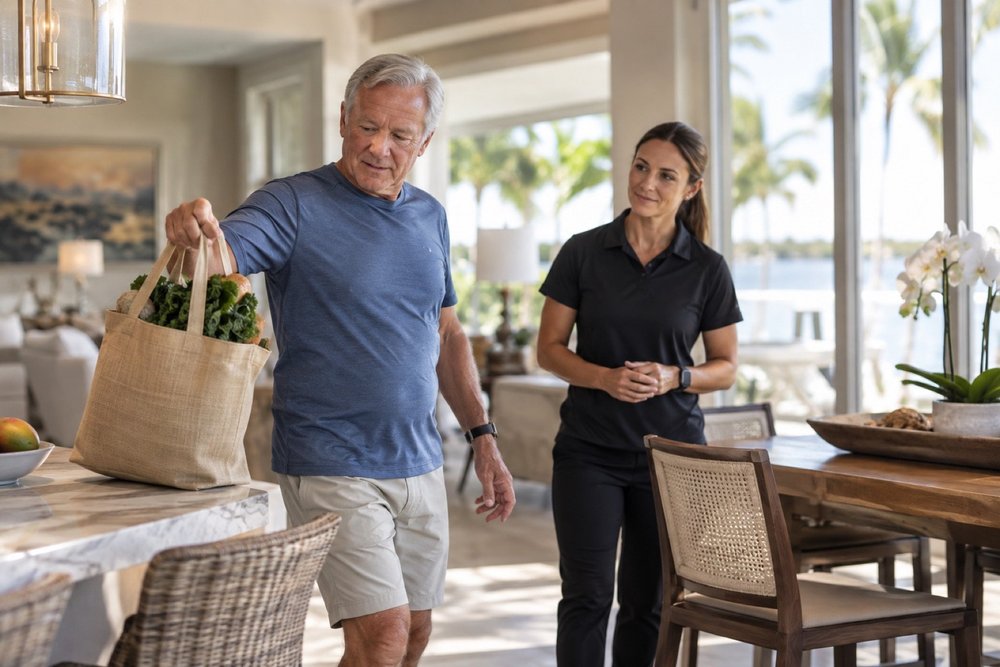 Older man practicing carrying a grocery bag at home while his physical therapist watches his form