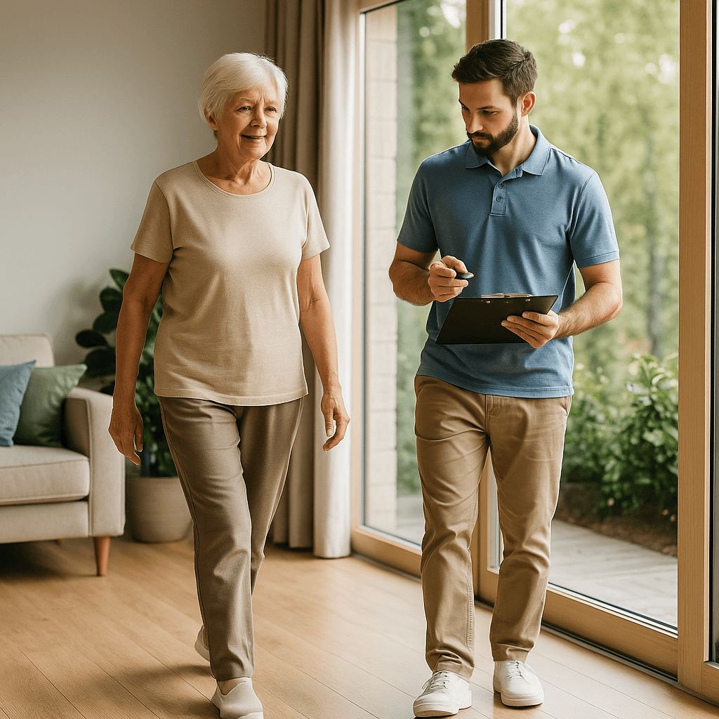 Doctor of physical therapy assessing patient with balance problems.