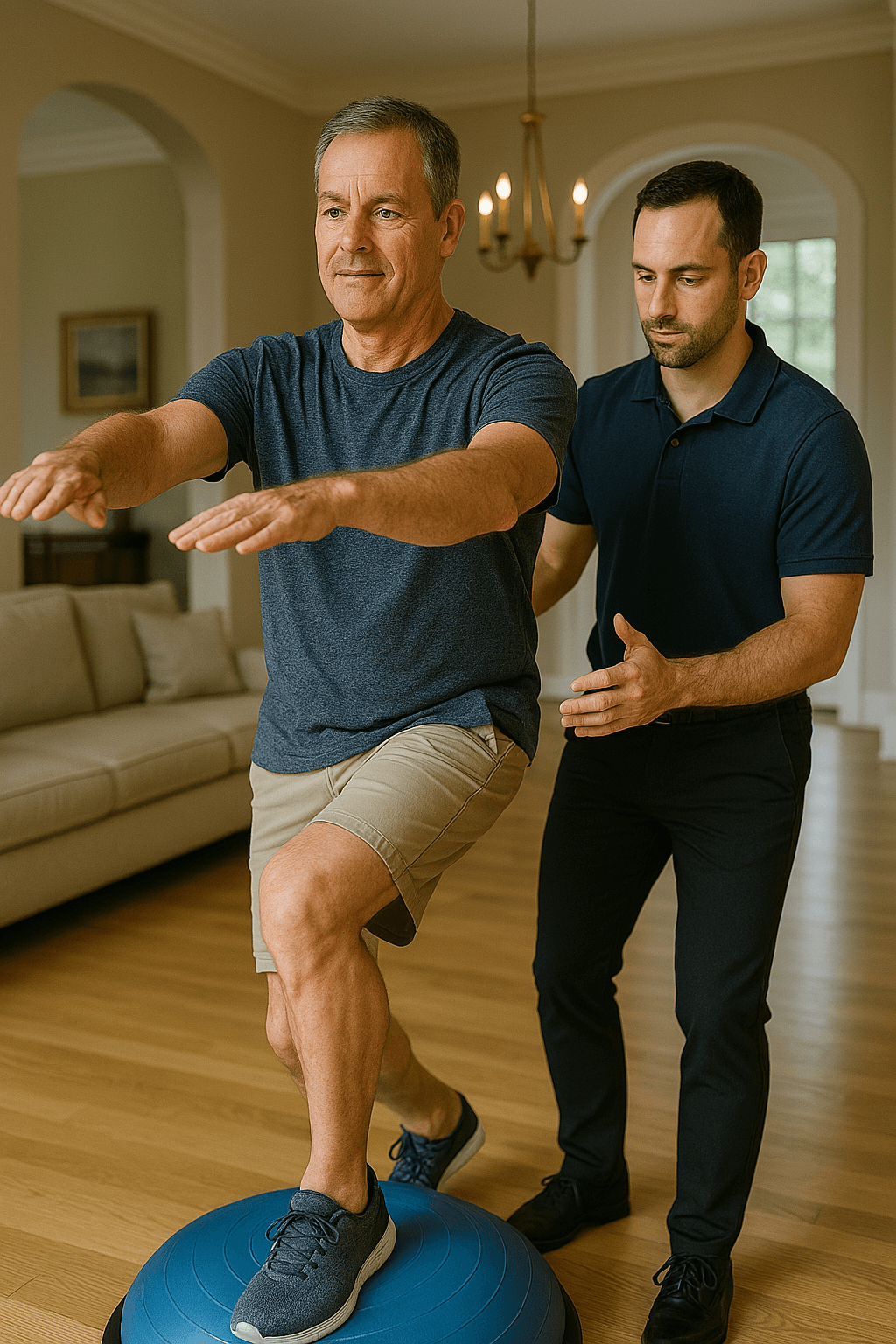Senior practicing balance training with physical therapist for fall prevention at home in Bonita Springs.