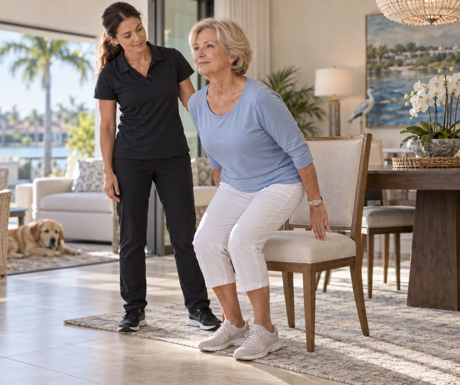 Older adult practicing a sit-to-stand movement during in-home physical therapy in Bonita Springs, Florida.