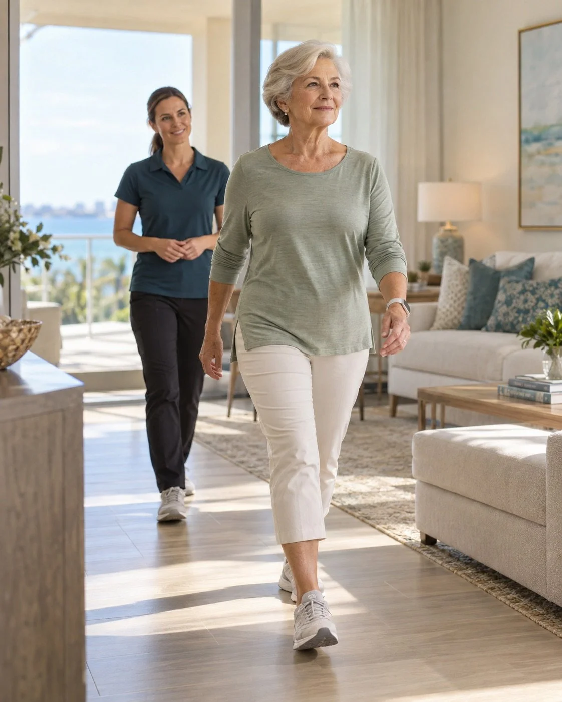 Older adult woman walking confidently at home with her physical therapist nearby during in-home physical therapy in Southwest Florida.