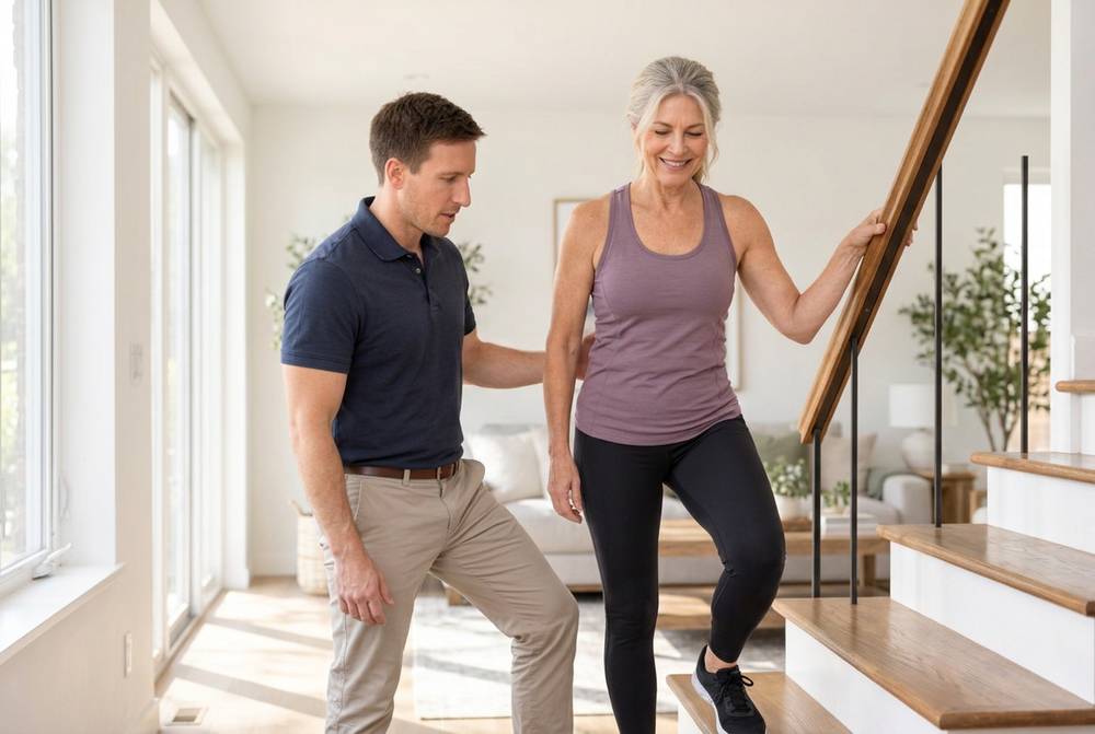 Woman stepping up her home staircase with a hand on the rail while her physical therapist walks beside her