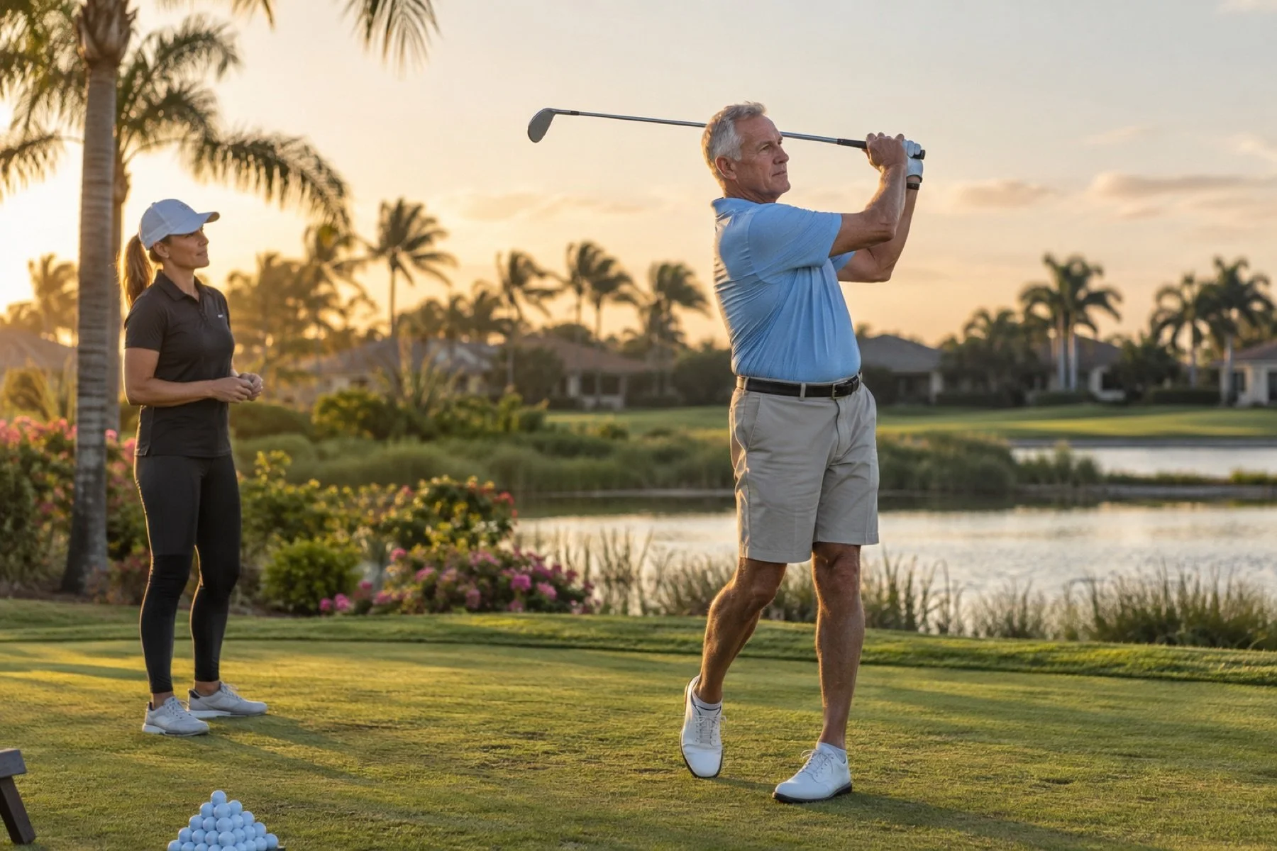 Older adult practicing golf-related movement with a physical therapist during in-home active lifestyle rehabilitation in Southwest Florida.