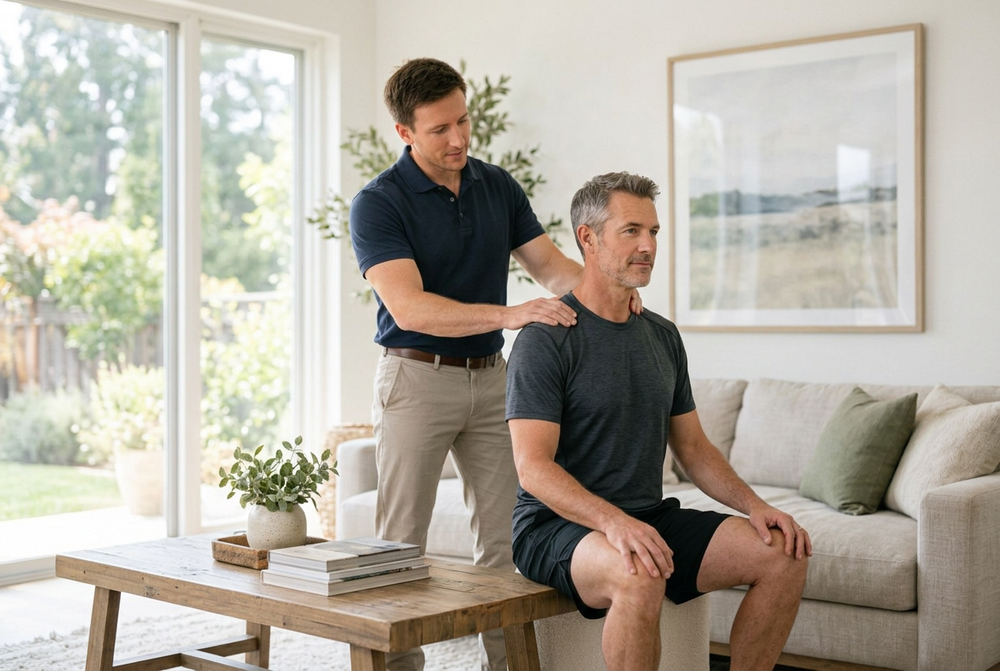 Physical therapist assessing a seated man’s shoulders during an in-home shoulder evaluation