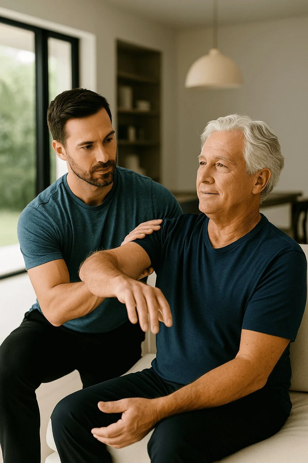 Physical therapist helping an older man with shoulder exercises during in-home post-surgical rehabilitation