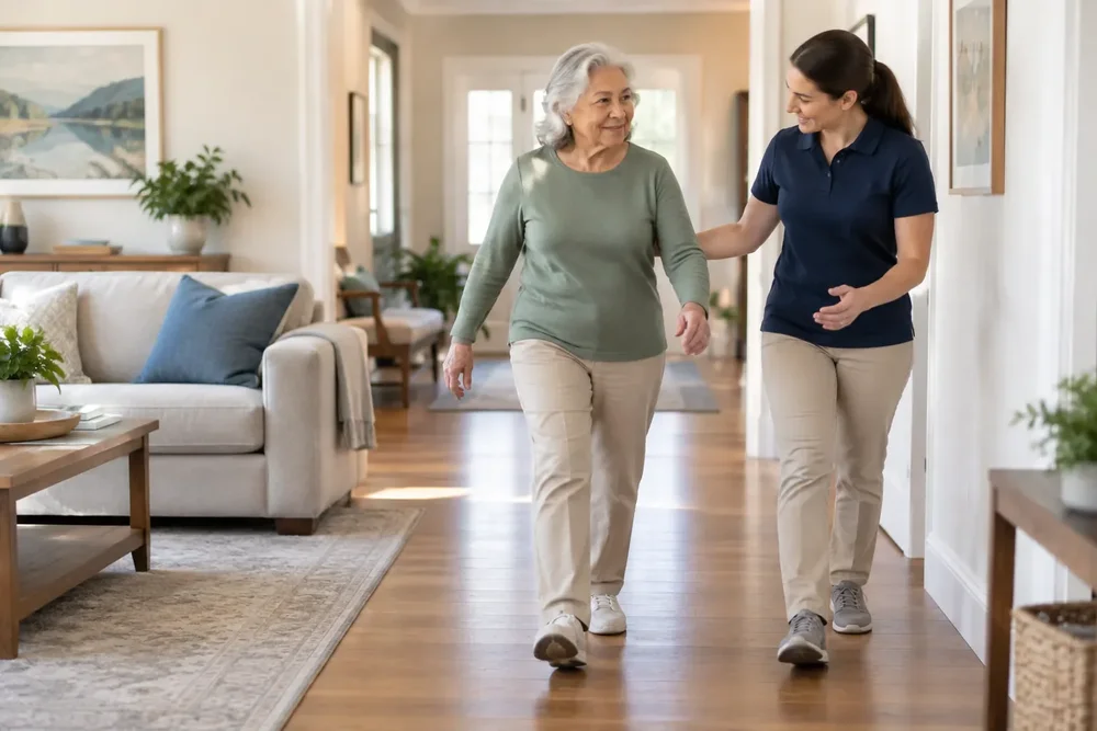 Older adult practicing supported walking with a physical therapist at home during vestibular rehabilitation