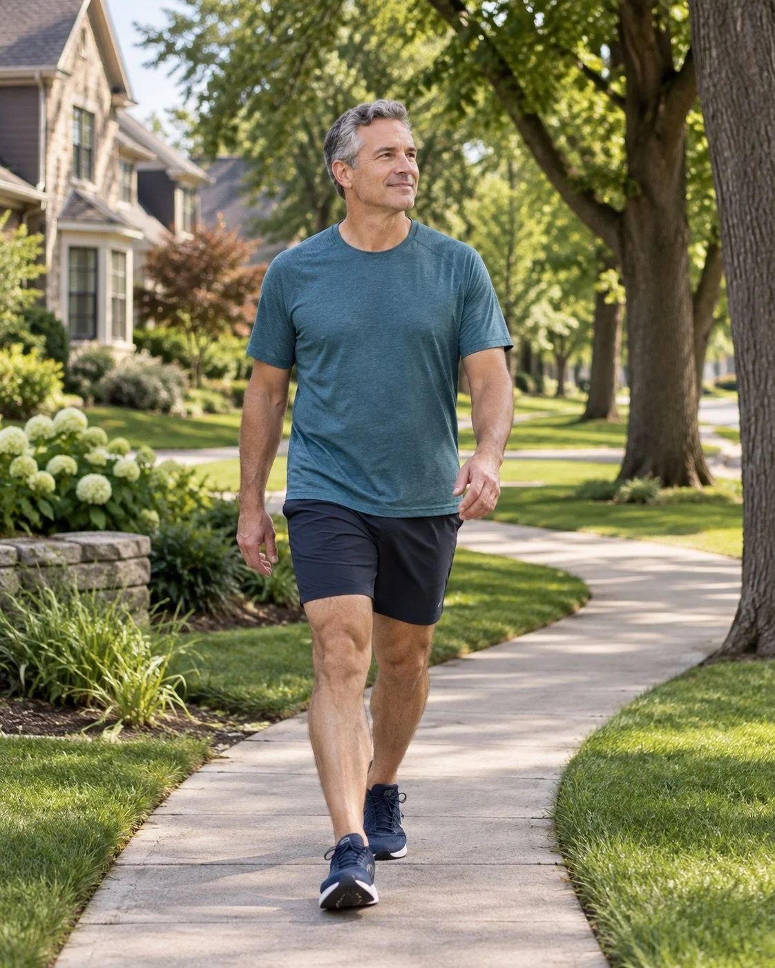 Active man walking along a landscaped path in Granger, Indiana