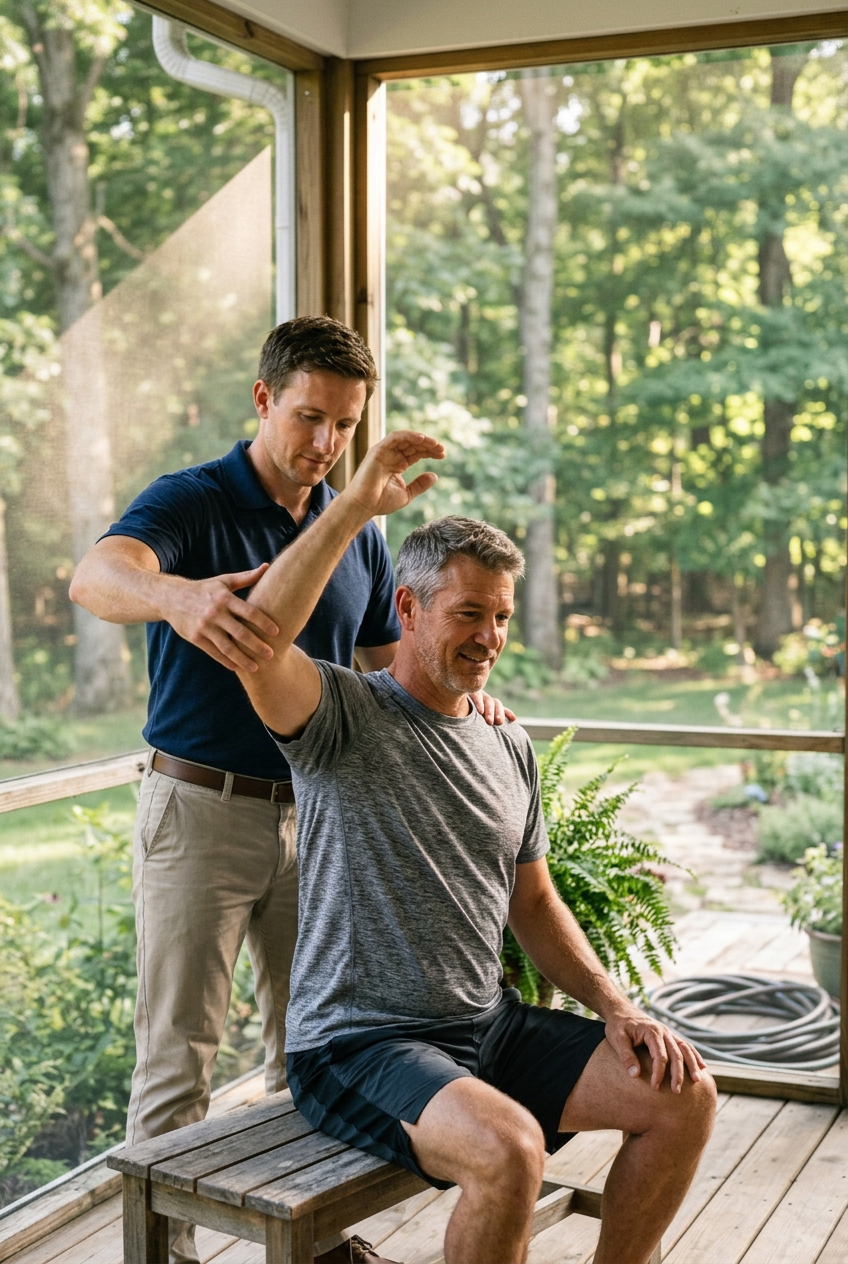 Physical therapist assessing a man's shoulder motion on a screened porch at his home