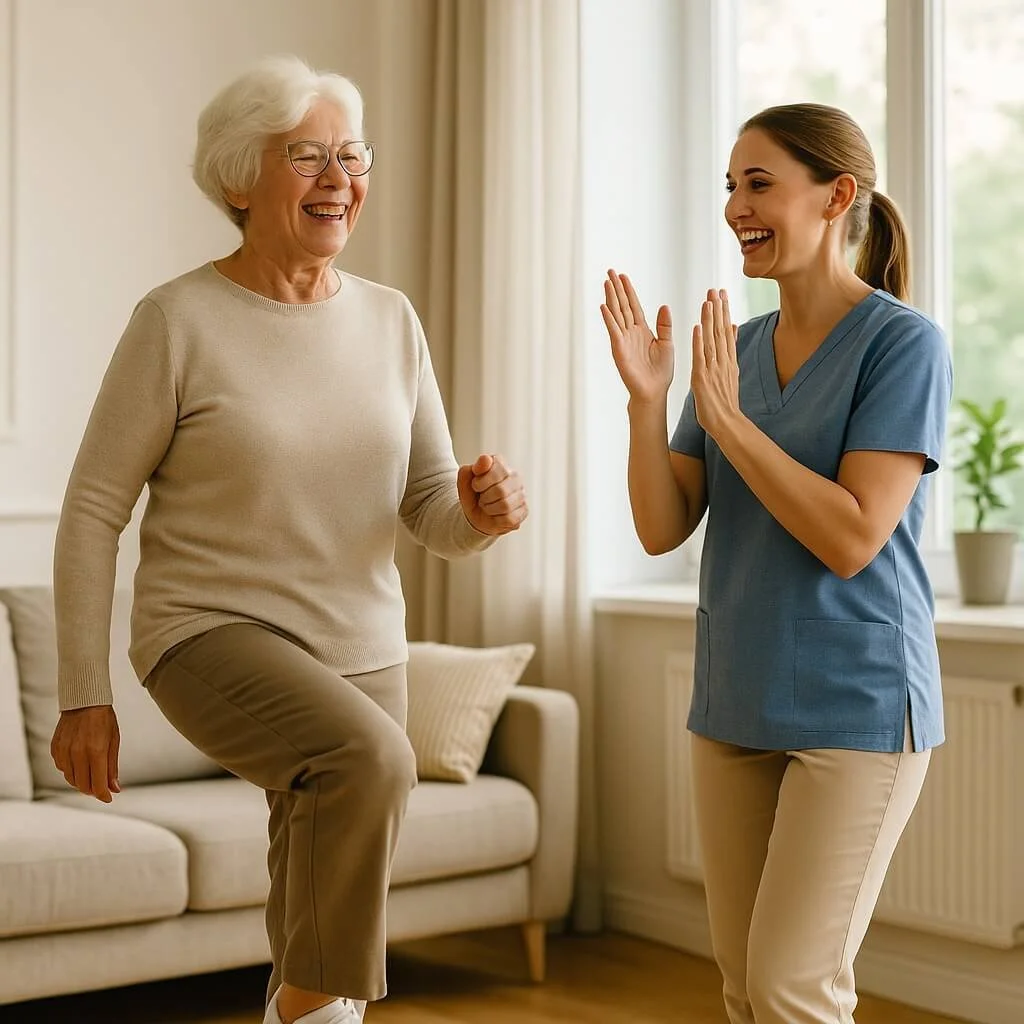 Senior woman performing gentle cardio movement under therapist supervision as part of the Living Well with Dementia™ program in Bonita Springs.