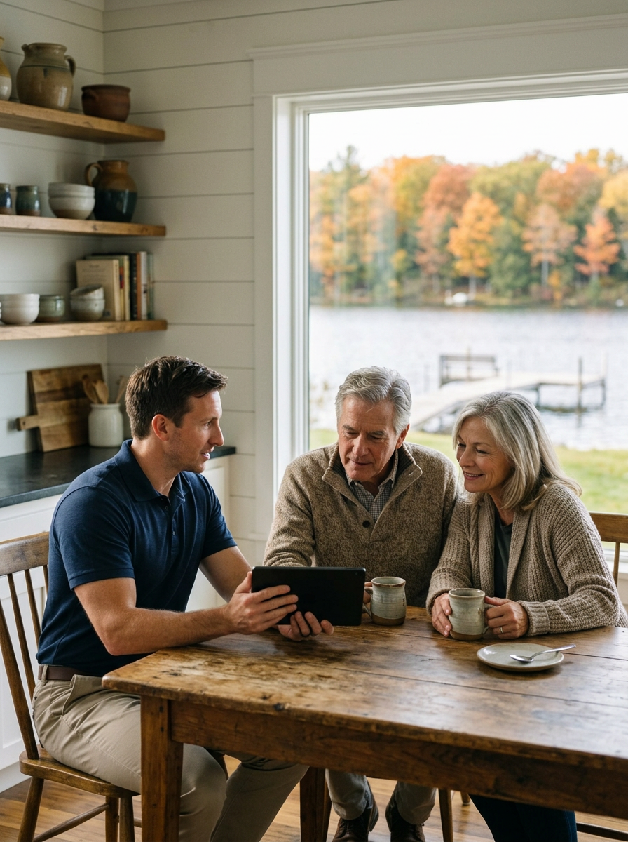 Physical therapist reviewing a personalized exercise plan on a tablet with a couple at their lake cottage kitchen table