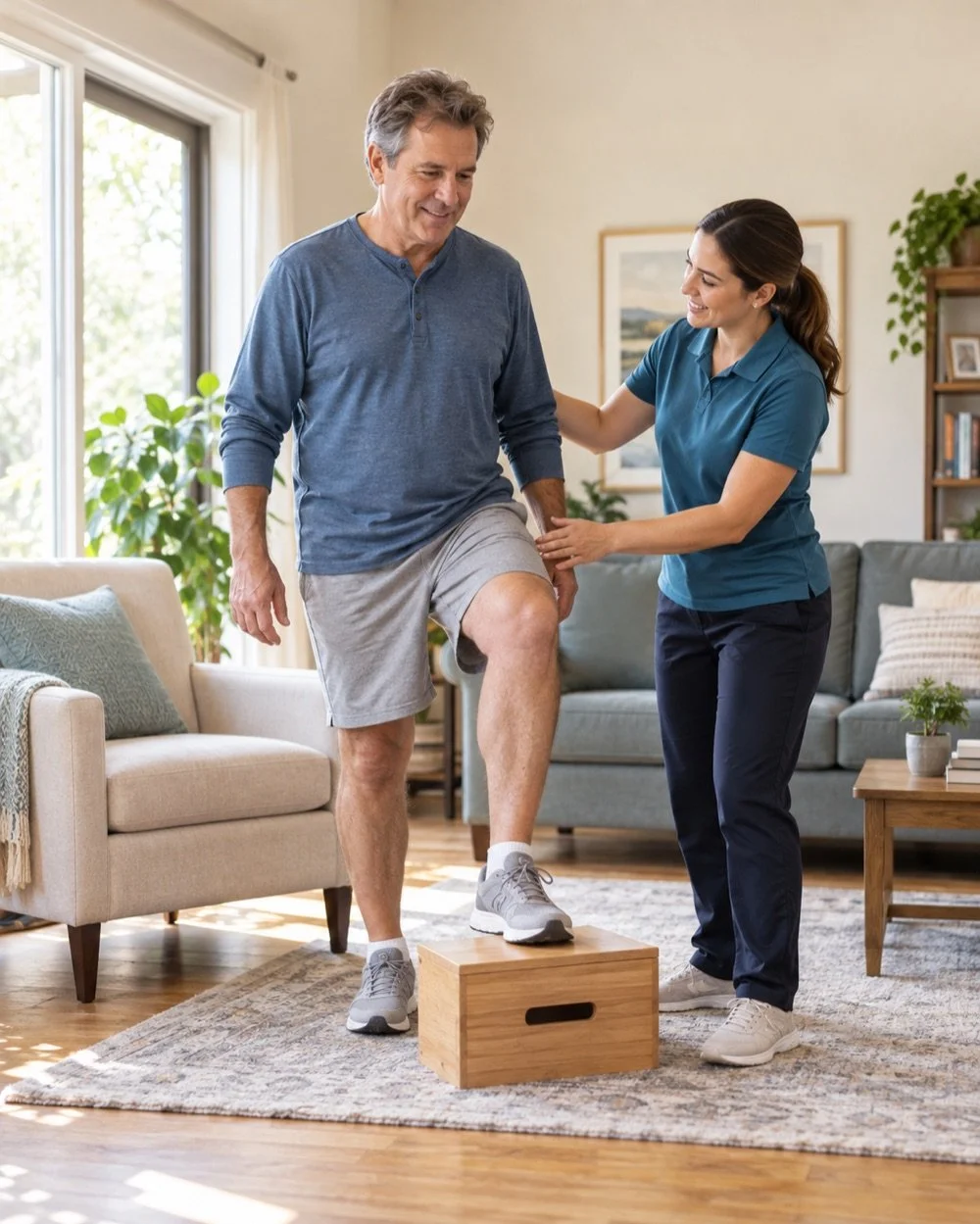 Adult patient practicing supported mobility after surgery with a physical therapist at home.