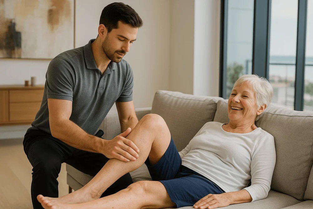 Physical therapist supporting a patient’s knee during in-home rehabilitation after surgery