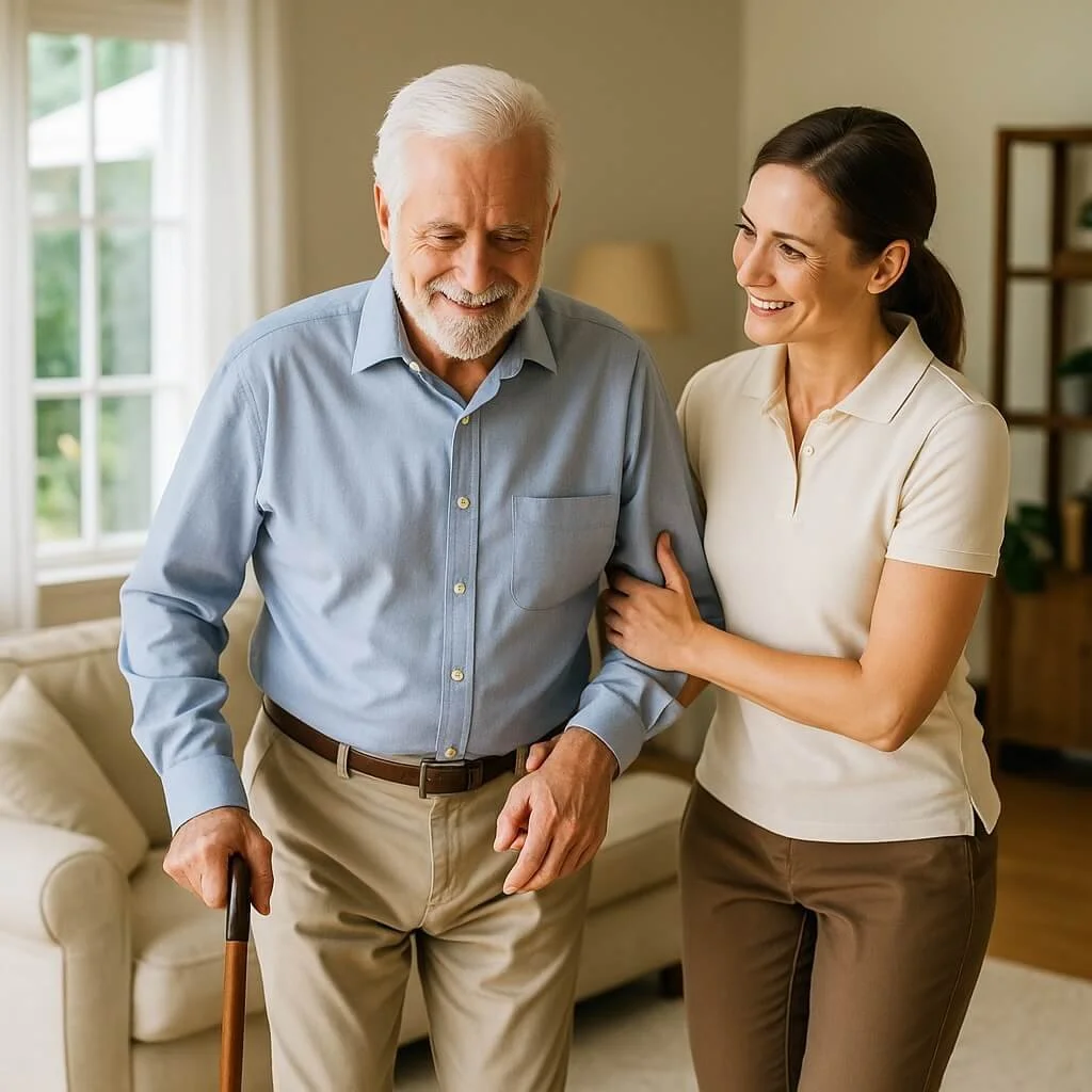 Doctor of Physical Therapy conducting a gait and home-safety assessment for a client experiencing early dementia symptoms.