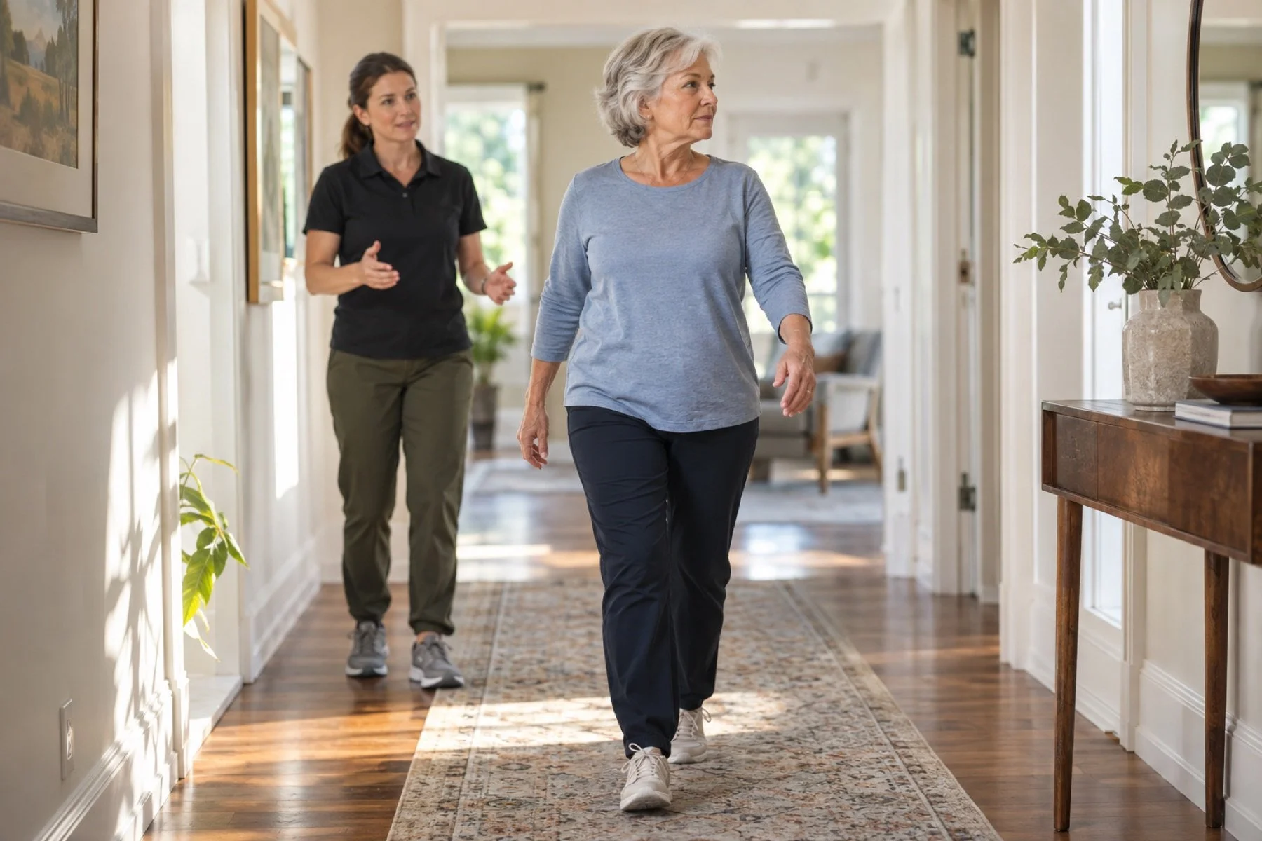 Older adult practicing walking and balance with her physical therapist during in-home vestibular physical therapy.