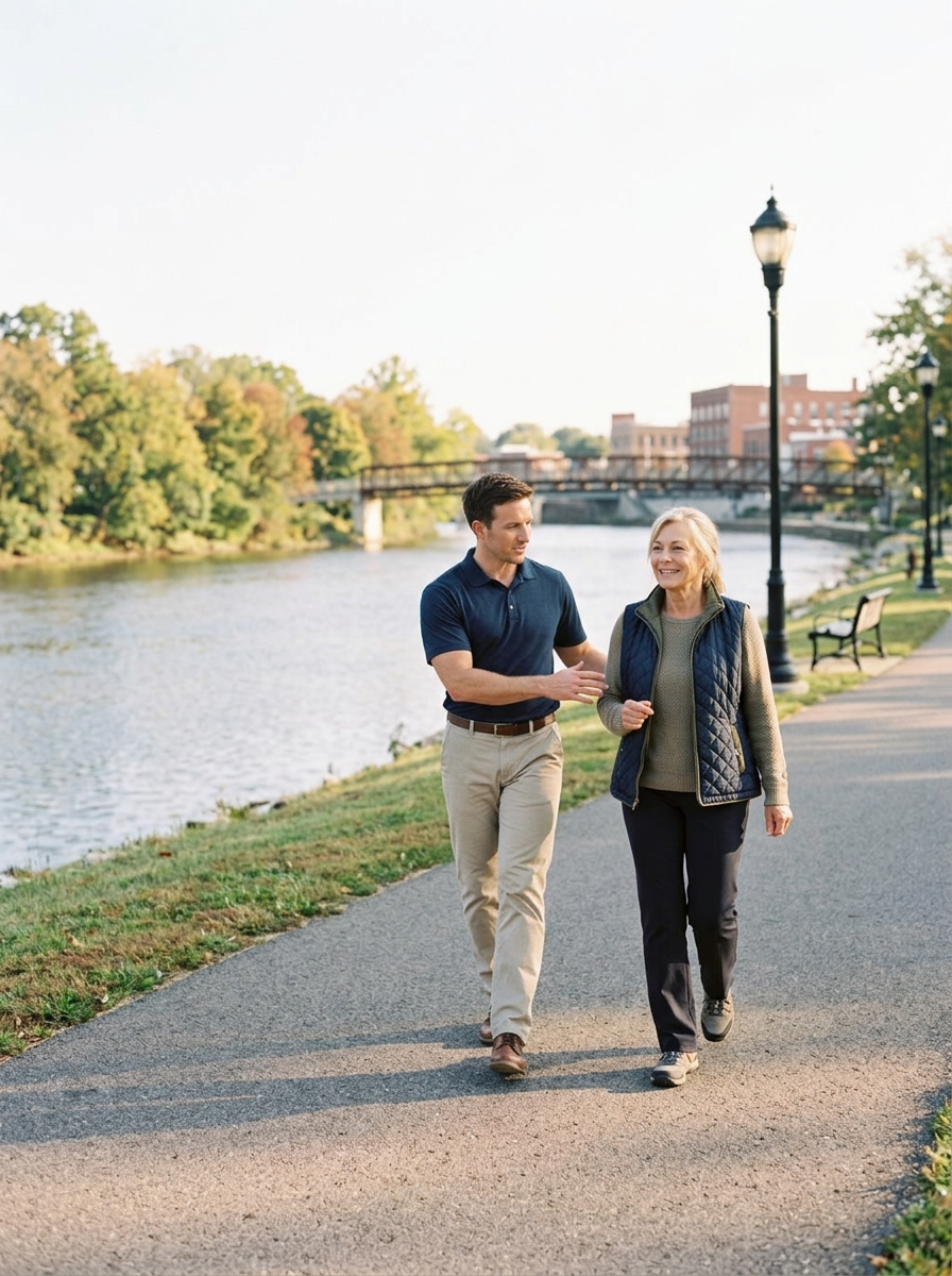 Physical therapist walking with a woman on a riverfront path during an outdoor walking session