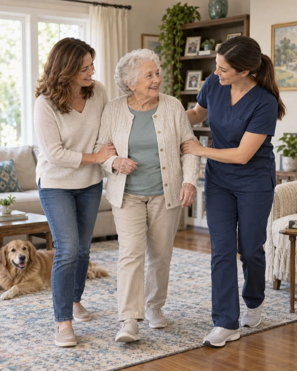 Older adult practicing safe walking at home with a caregiver and physical therapist.
