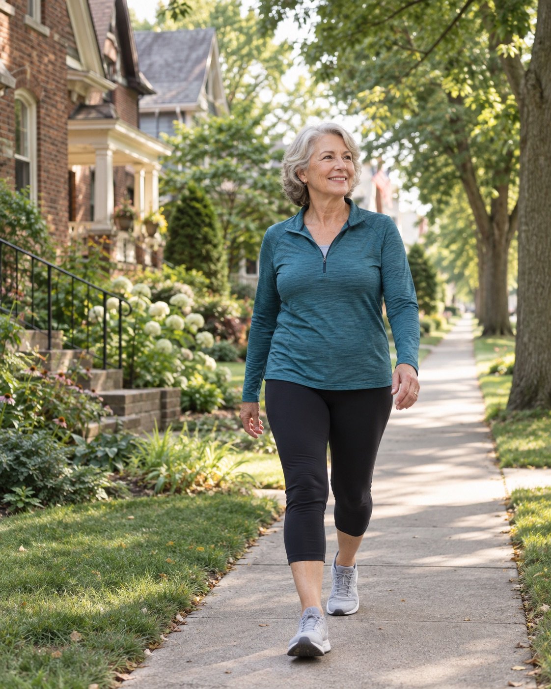 Active woman walking through a tree-lined South Bend neighborhood