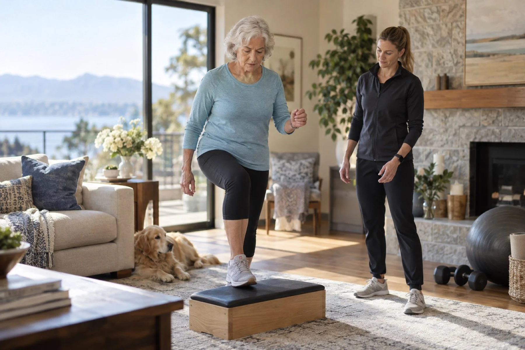 Older adult practicing step-up training with a physical therapist during in-home post-surgical rehabilitation in Naples.