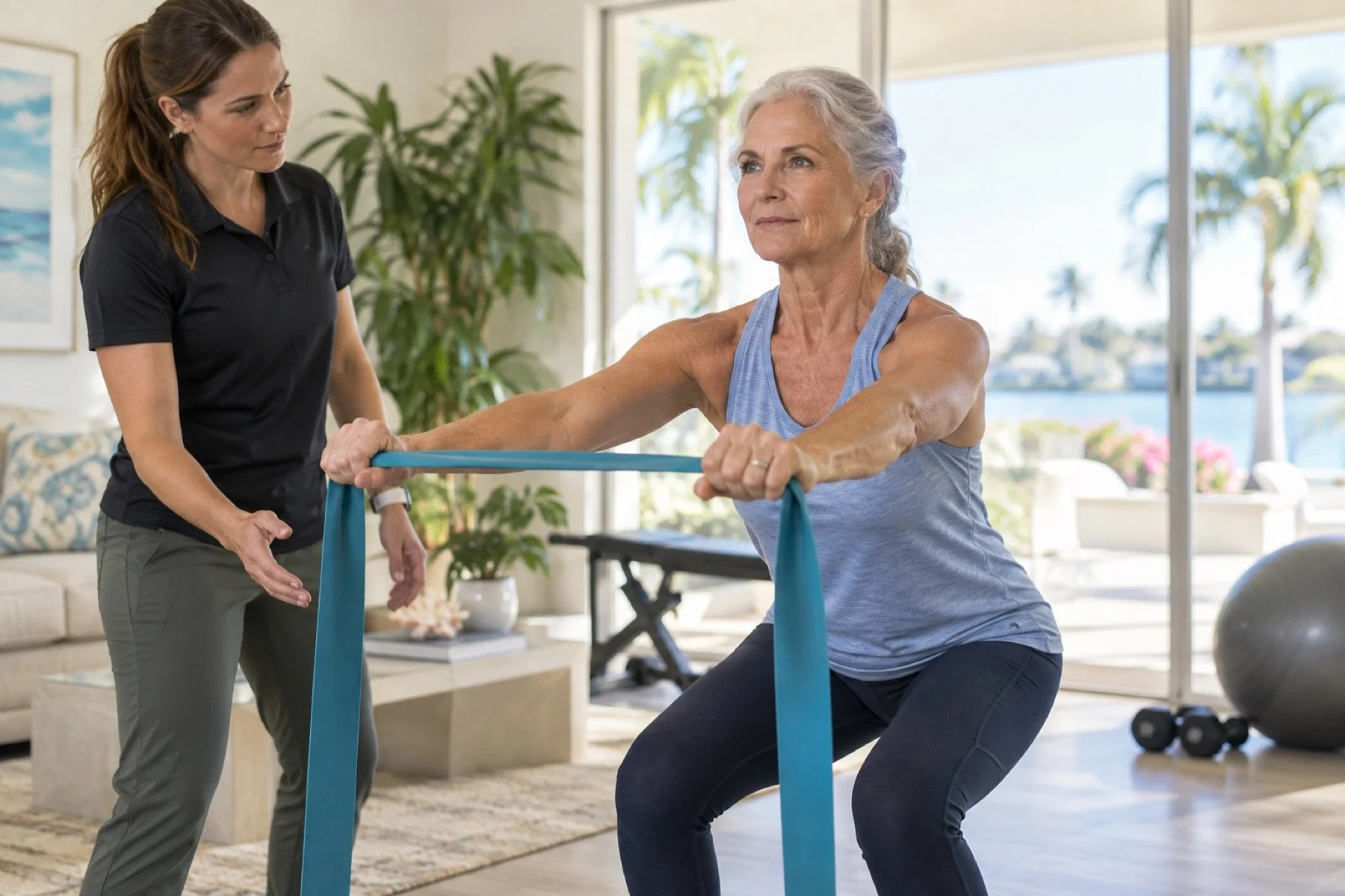 Older adult performing a resistance-band exercise with a physical therapist during in-home strength and mobility care.