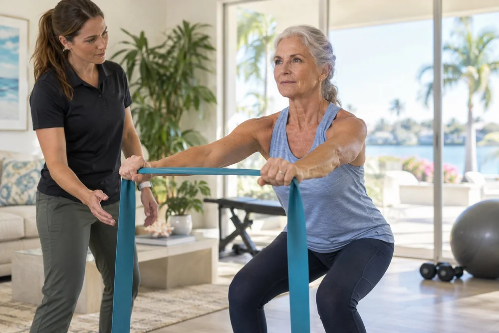 Older woman doing a resistance-band exercise at home with her physical therapist