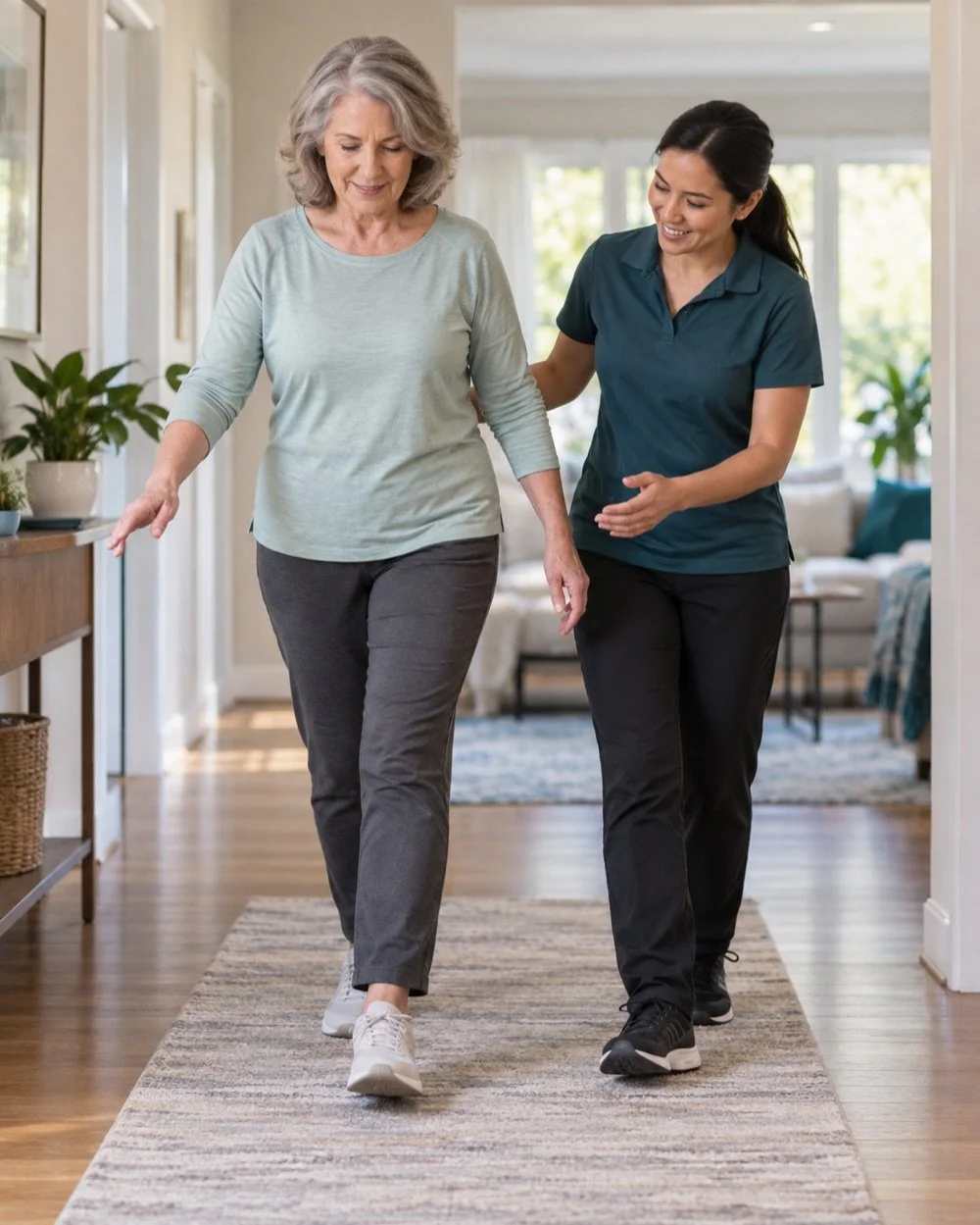 Physical therapist supporting an adult patient practicing balance and walking in a home hallway.