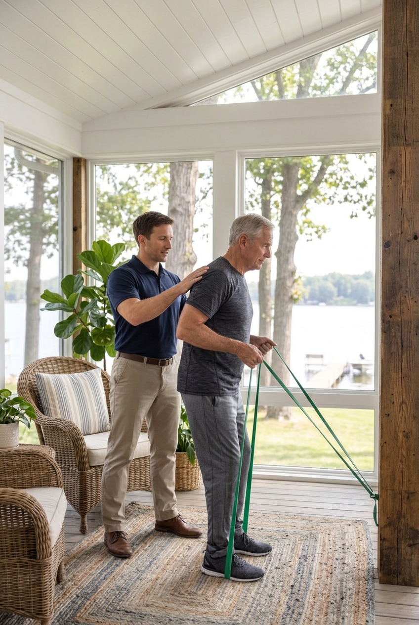 Physical therapist coaching a man through a resistance band strengthening exercise in a lake home sunroom