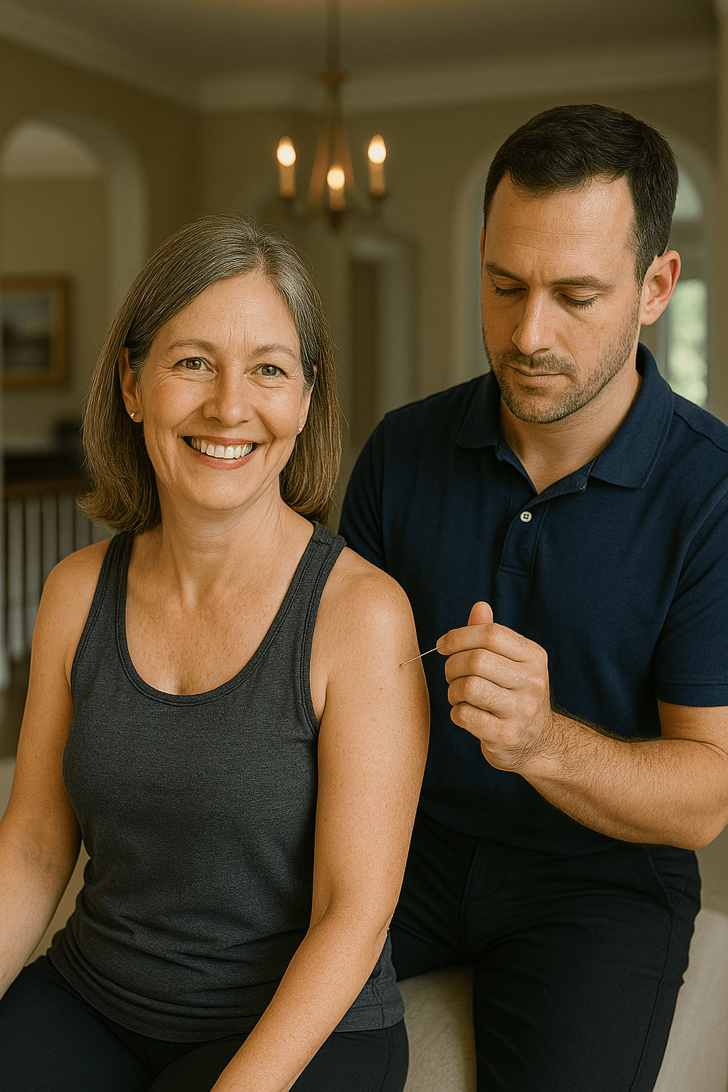 Dry needling treatment for muscle pain and trigger points performed by a concierge physical therapist in a patient’s home.