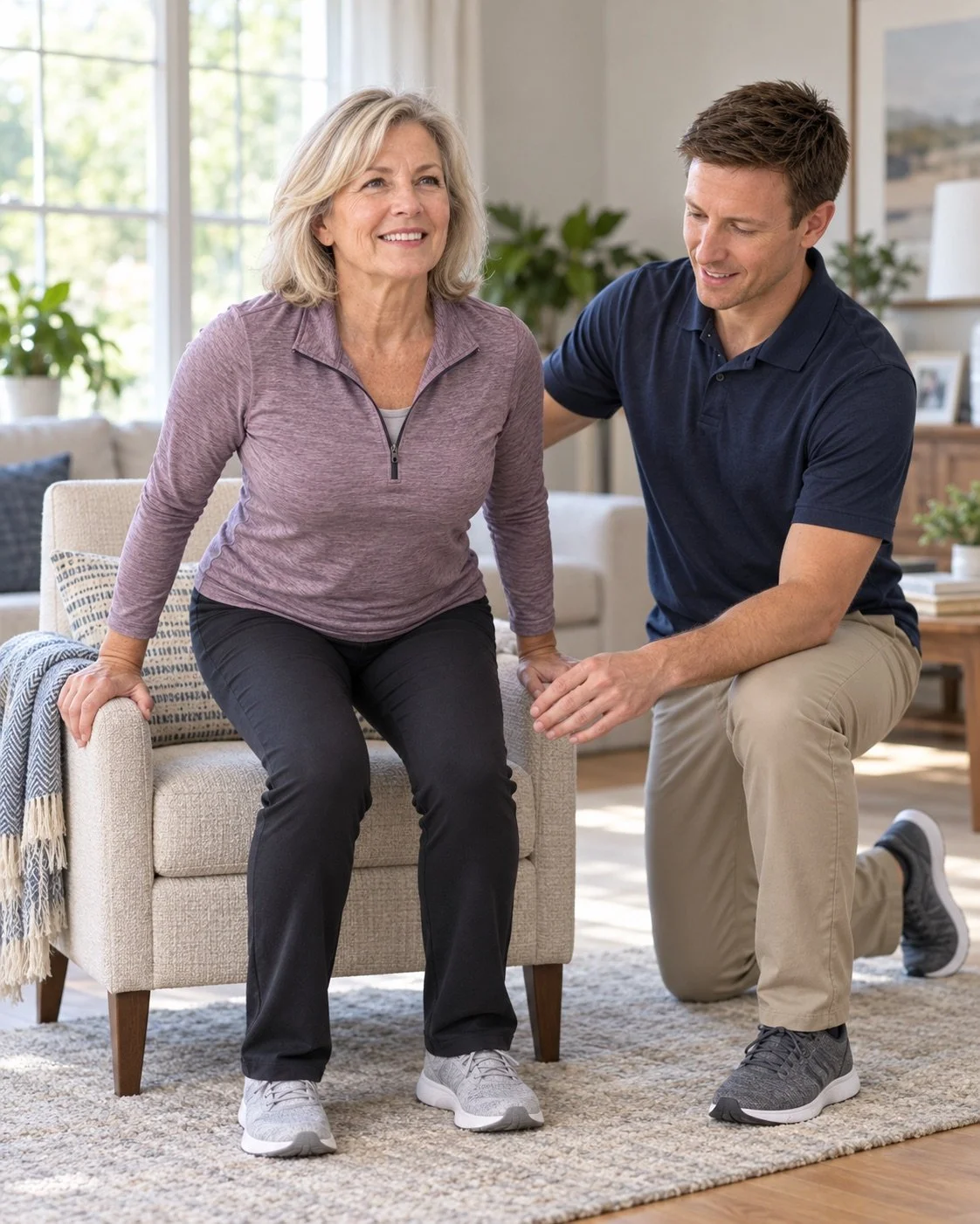 Woman practicing a supported sit-to-stand exercise at home with a physical therapist