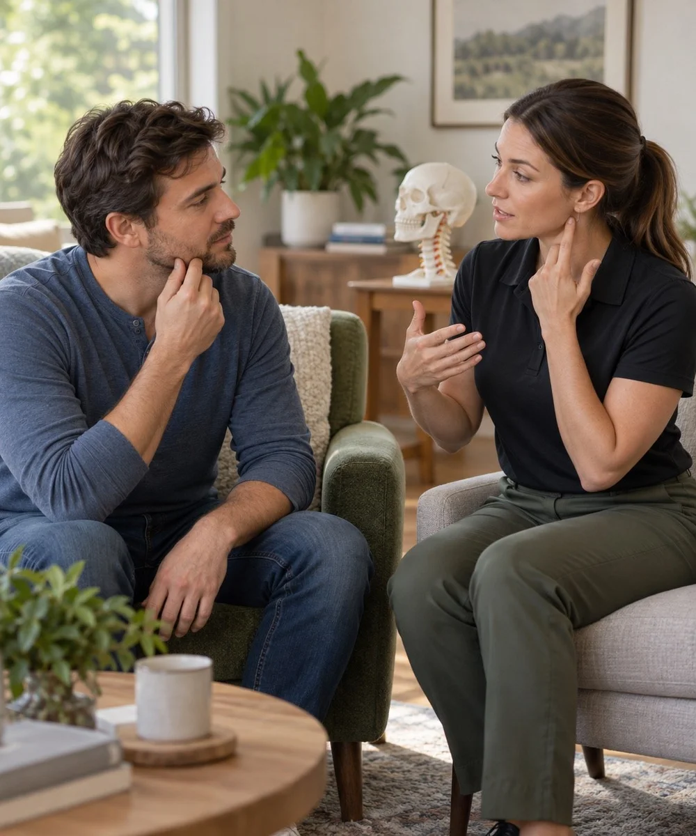 Physical therapist explaining a treatment plan to a patient at home, with an anatomy model nearby