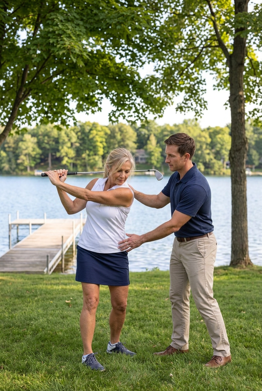 Physical therapist coaching a woman golfer through a rotation mobility drill on a lakeside lawn