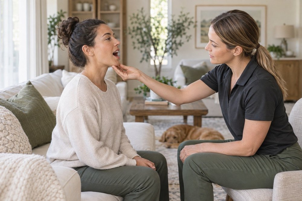 Physical therapist assessing a woman&rsquo;s jaw opening during an in-home TMJ physical therapy evaluation