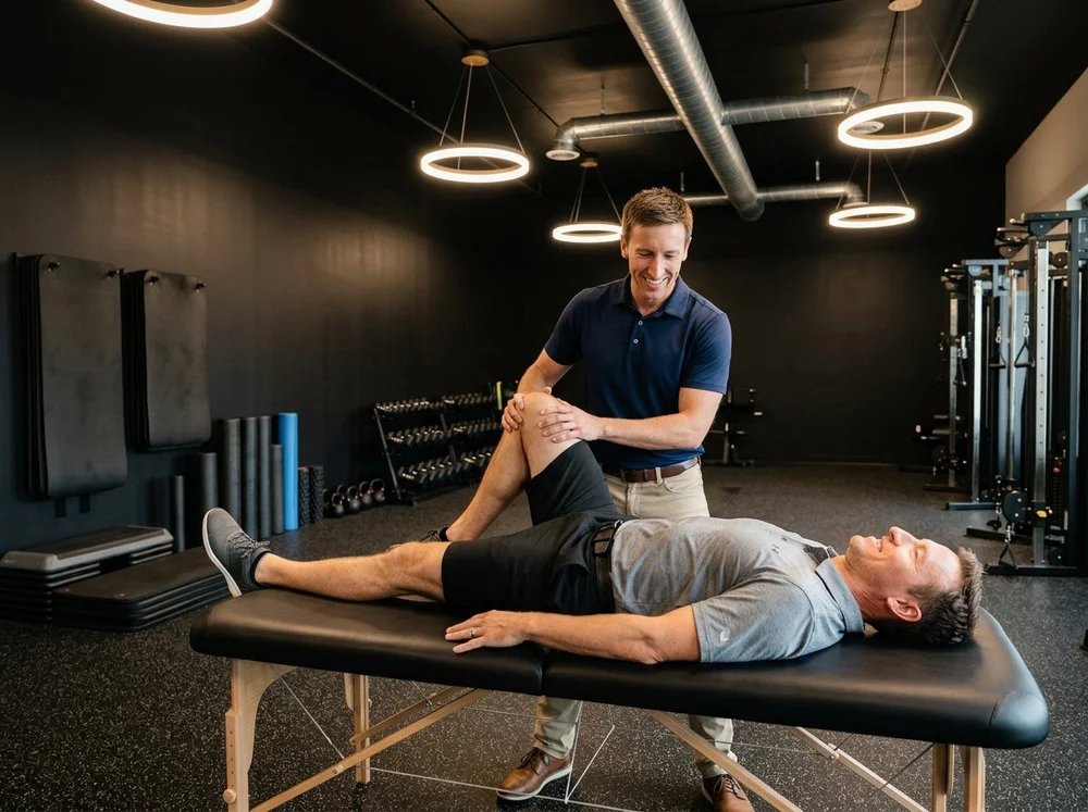 Physical therapist checking a golfer&rsquo;s hip mobility on a treatment table in the stretching area of a golf training gym