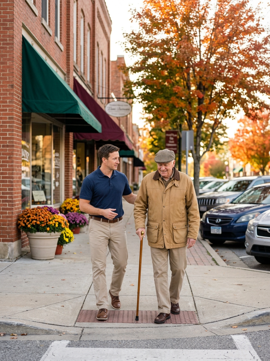 Physical therapist walking beside an older man with a cane on a small-town main street in the fall
