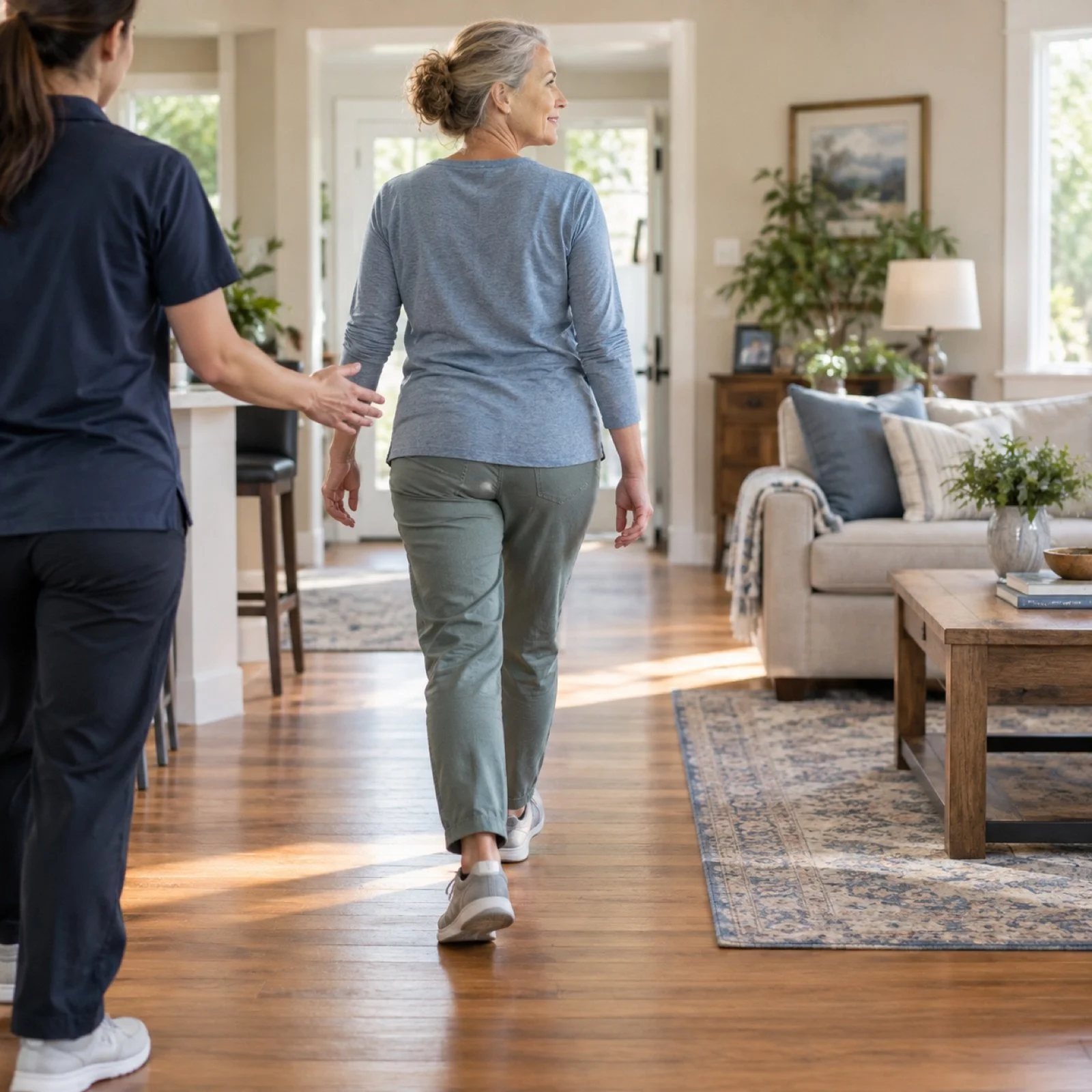 Adult patient practicing purposeful walking with a physical therapist at home