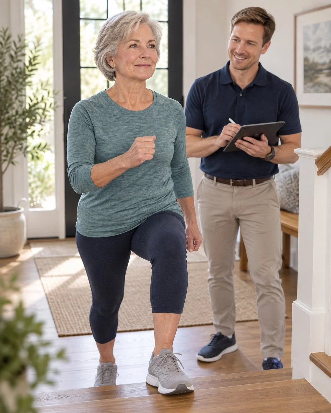 Woman practicing a movement exercise at home while a physical therapist tracks her progress