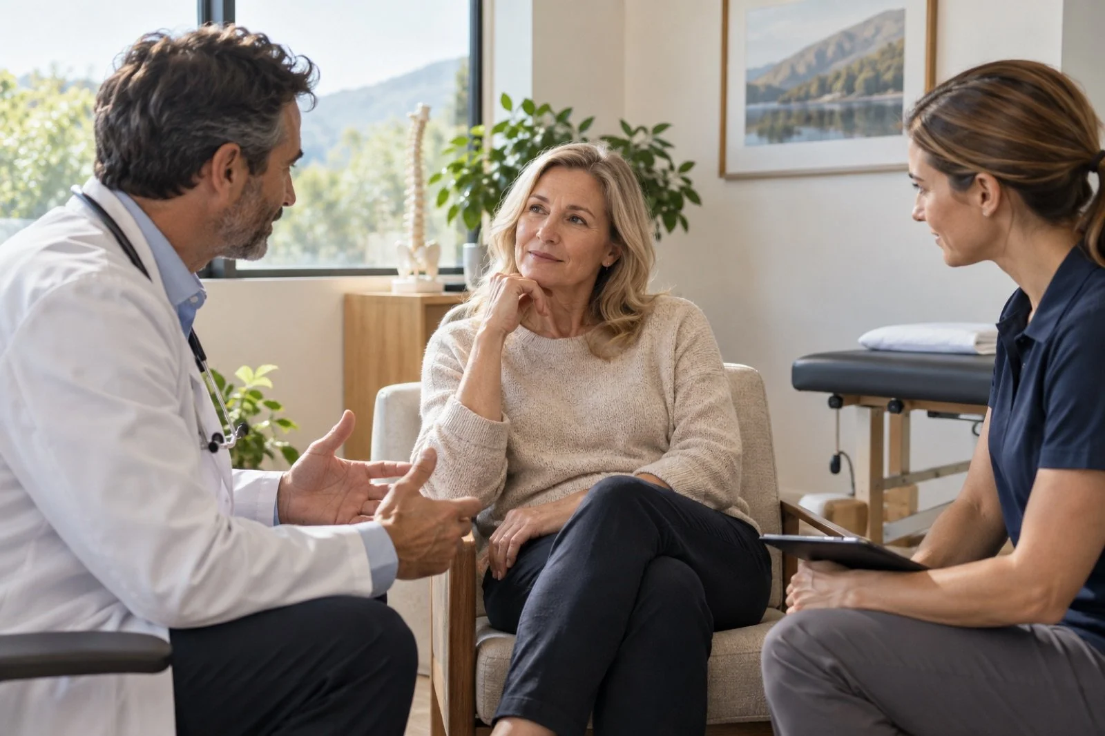 Patient discussing coordinated care with a physician and physical therapist