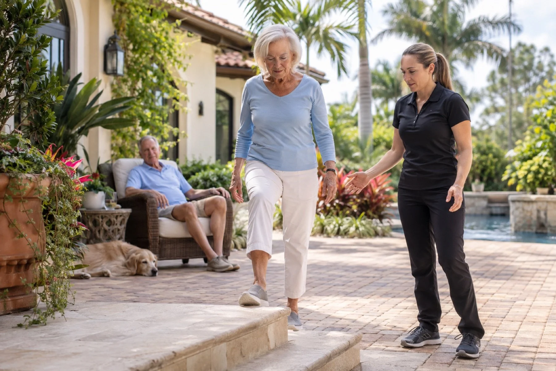 Older adult practicing balance and step training during in-home physical therapy in Fort Myers, Florida.