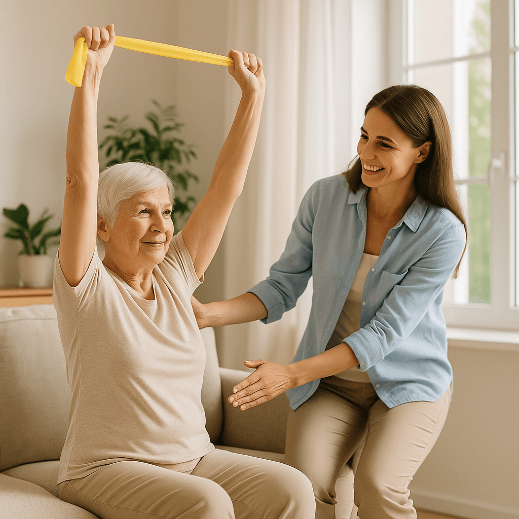 In-home physical therapy session focused on strength and mobility for an older adult with memory loss.