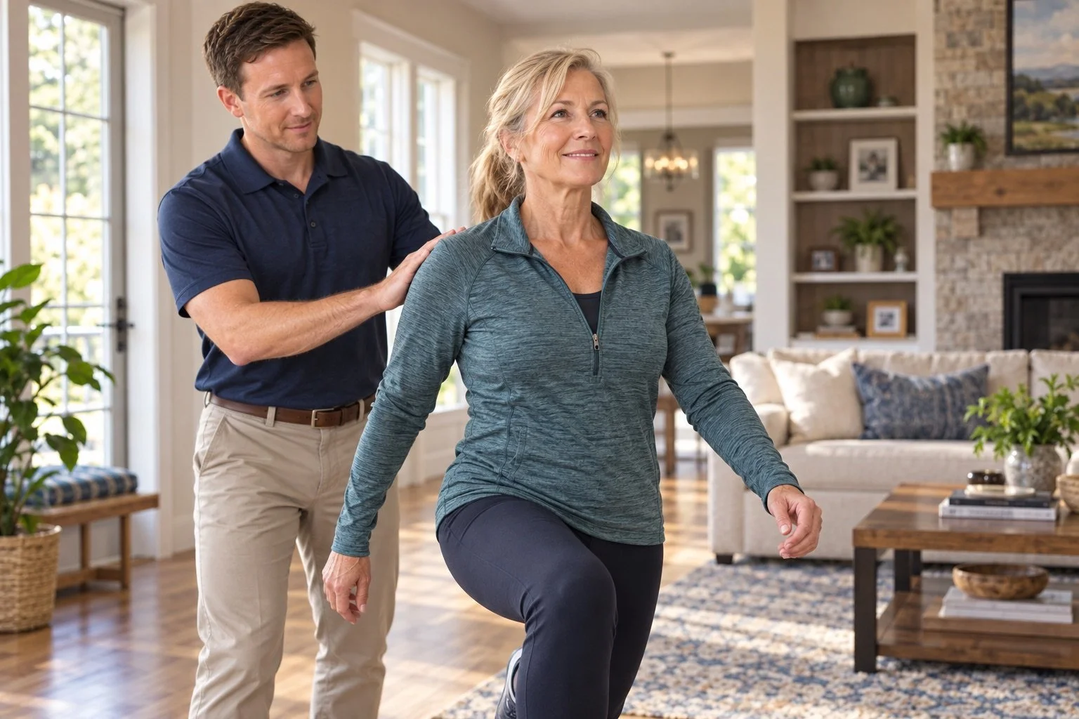 Active adult woman practicing a balance exercise at home with a physical therapist in South Bend