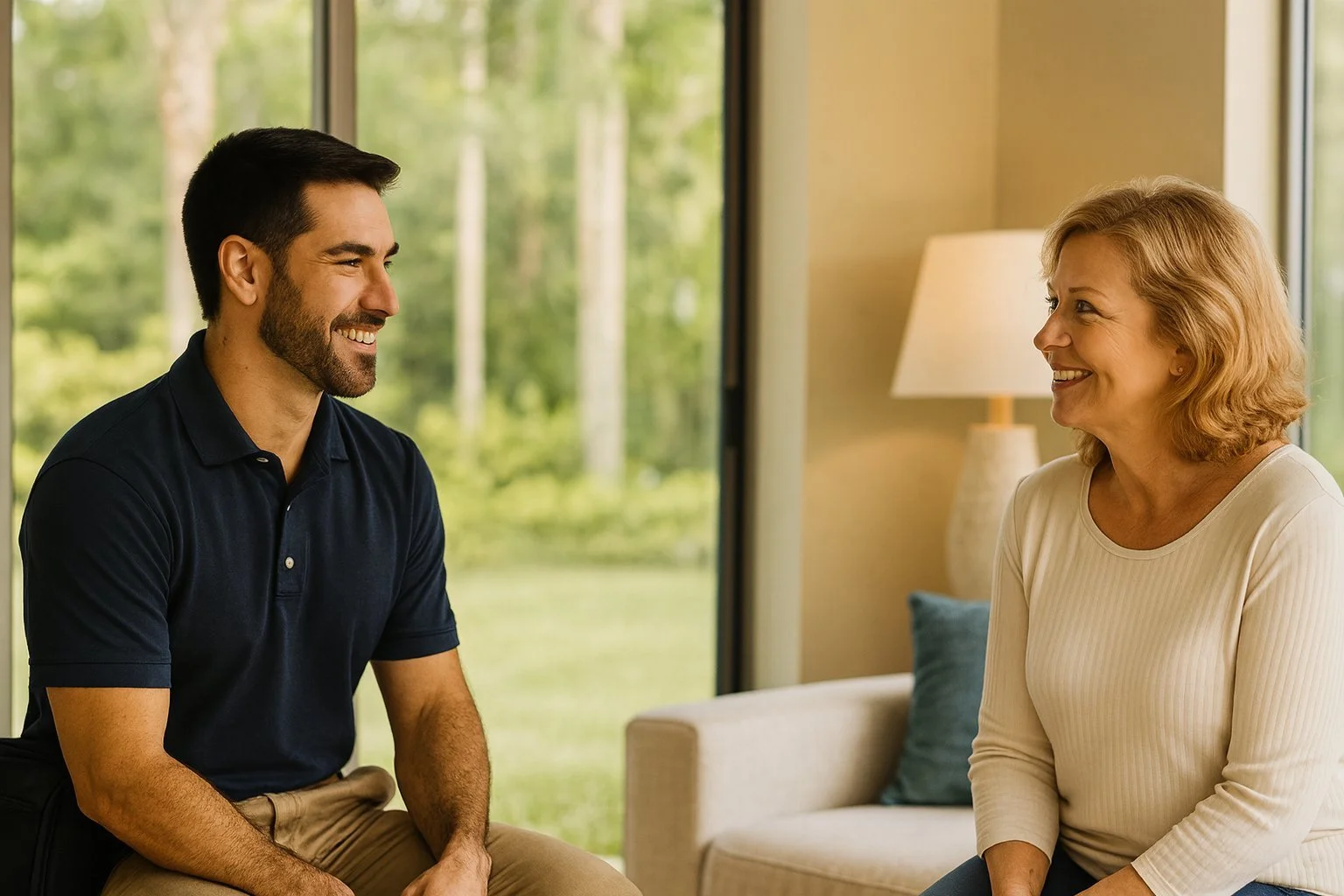 Physical therapist talking with a woman in her living room about her post-surgical recovery plan at home