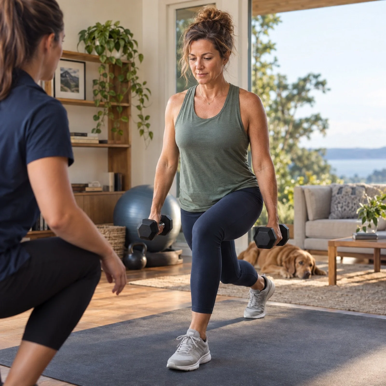 Active adult practicing a strength and mobility exercise with a physical therapist at home