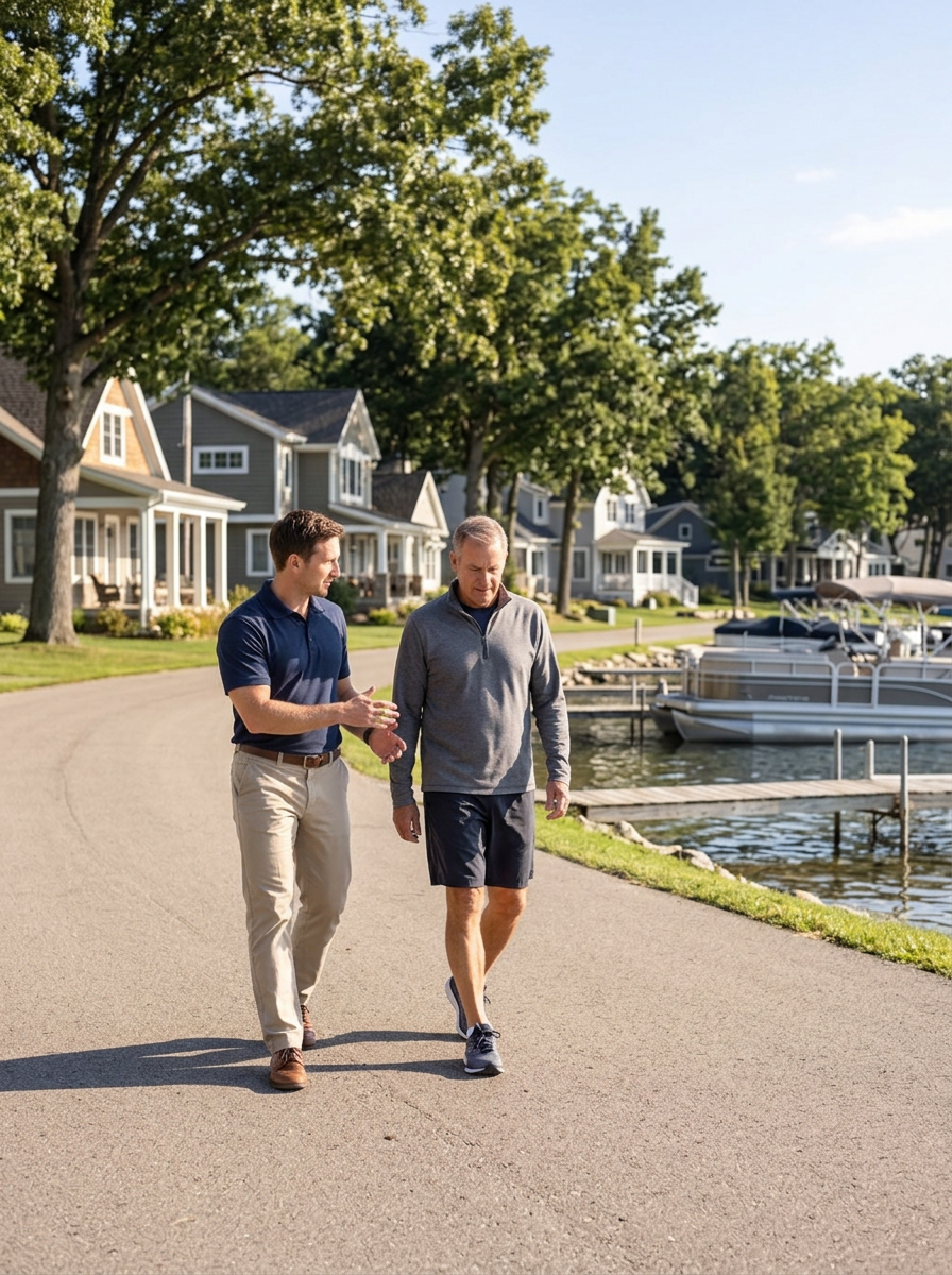 Physical therapist walking with a man along a lakeside road lined with cottages and boat docks