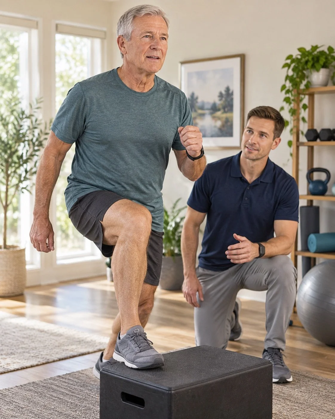 Older man practicing a step-up exercise at home with a physical therapist