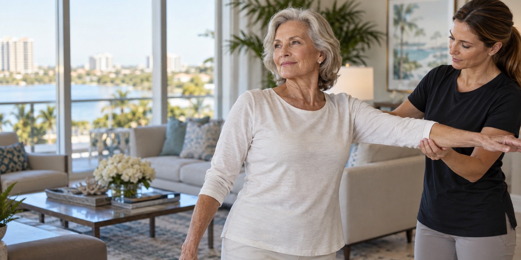 Older adult receiving one-on-one physical therapy at home in a Naples, Florida condominium.