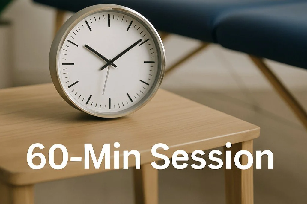 Clock with 60-minute session label for one-on-one in-home physical therapy