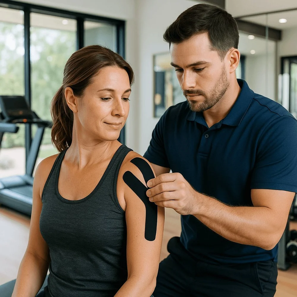 Physical therapist applying kinesiology tape to a woman’s shoulder during an in-home physical therapy visit